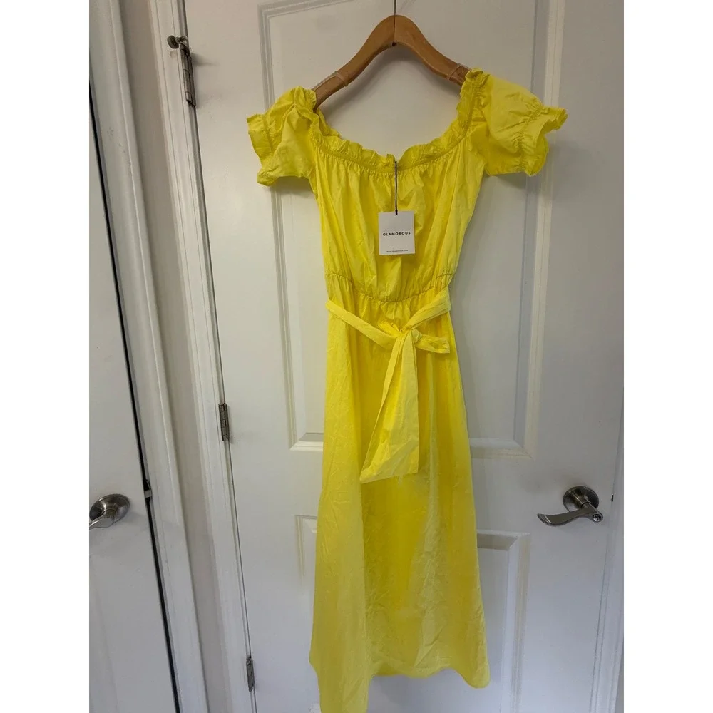 Glamorous Yellow Off Shoulder Cotton Midi Dress with Tie Belt Size 8 NWT